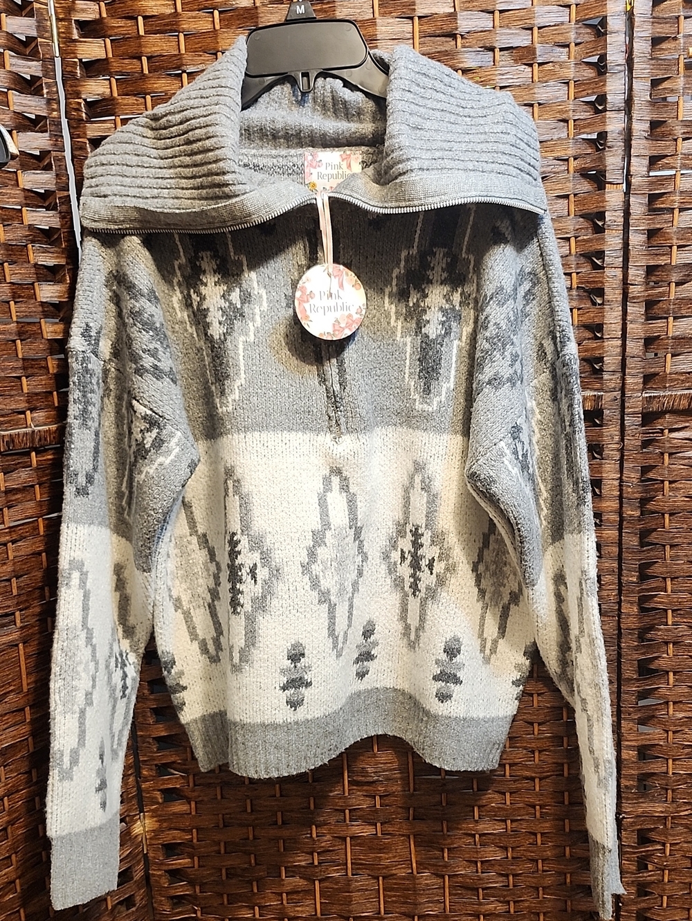Pink Republic Gray & Cream Patterned Shawl Collar Sweater